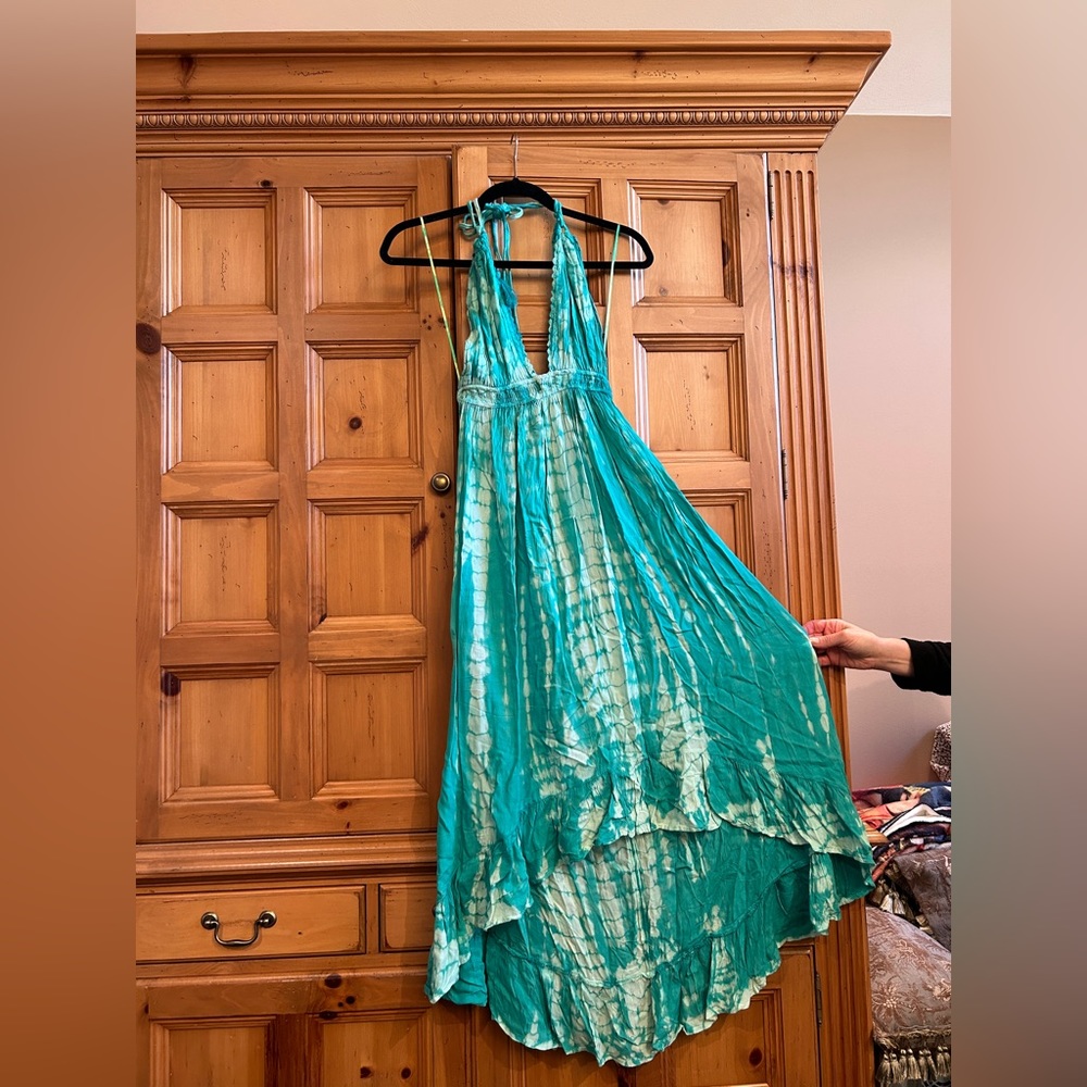 Green tie dye high low halter dress BOHOME